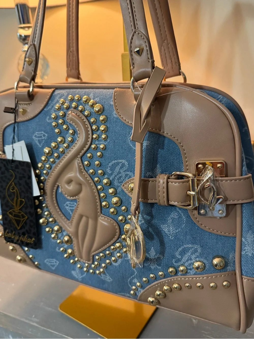 Baby Phat Y2K Handbag, blue denim and tan leather